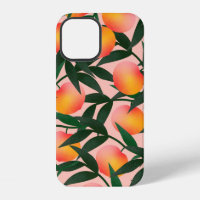Peach pattern on pink background. Hand drawn fruit
