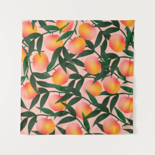 Peach pattern on pink background. Hand drawn fruit Tapestry