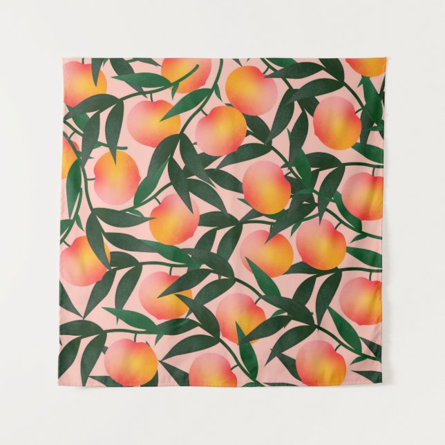 Peach pattern on pink background. Hand drawn fruit Tapestry (Front)
