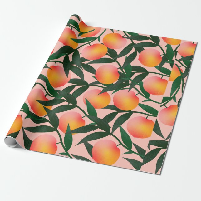 Peach pattern on pink background. Hand drawn fruit Wrapping Paper (Unrolled)
