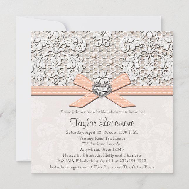 Peach Pearl Lace Diamond Bridal Shower Invitation (Front)