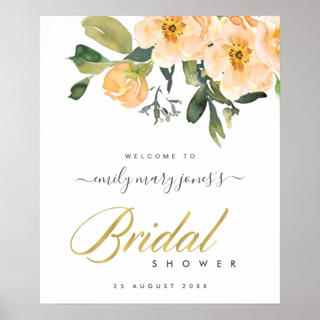 PEACH PEON FLORAL WATERCOLOR BRIDAL SHOWER WELCOME POSTER (Front)