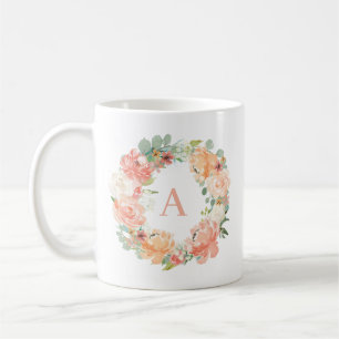 Peach Peonies and Eucalyptus Wreath Monogram Coffee Mug