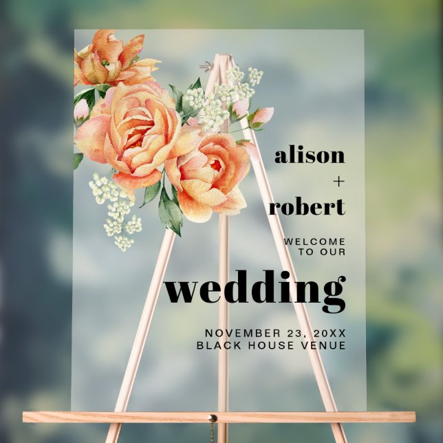 Peach peonies and roses frosted wedding WELCOME Acrylic Sign (Neutral)