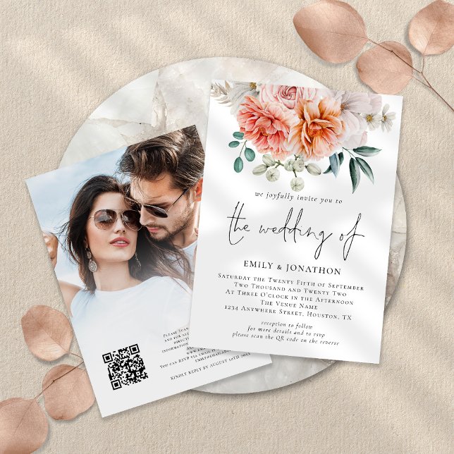 Peach Peonies Florals Photo QR Wedding Invitation (Front and back view)