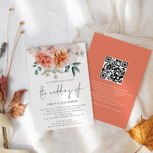 Peach Peonies Florals QR Code Wedding Invitation