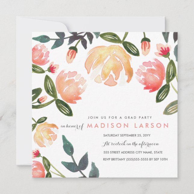 Peach Peonies Grad Party Invitation (Front)