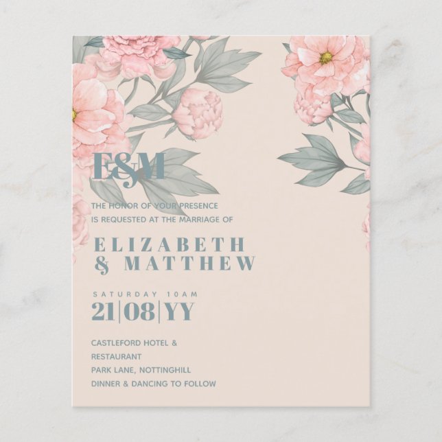 Peach Peonies Sage Floral Budget Wedding (Front)