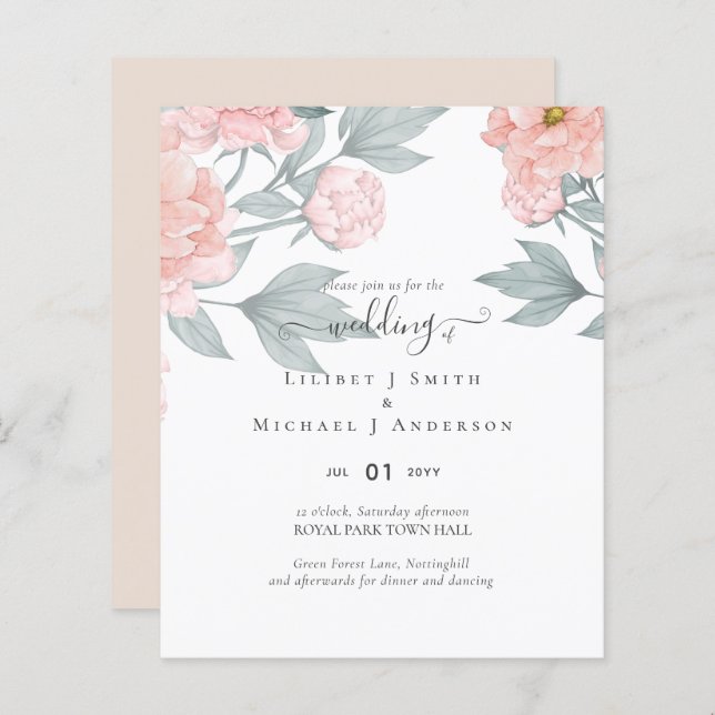 Peach Peonies Sage Floral Budget Wedding (Front/Back)