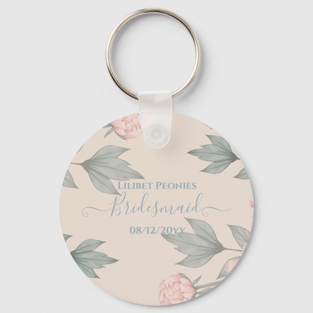 Peach Peonies Sage Floral Budget Wedding Key Ring (Front)