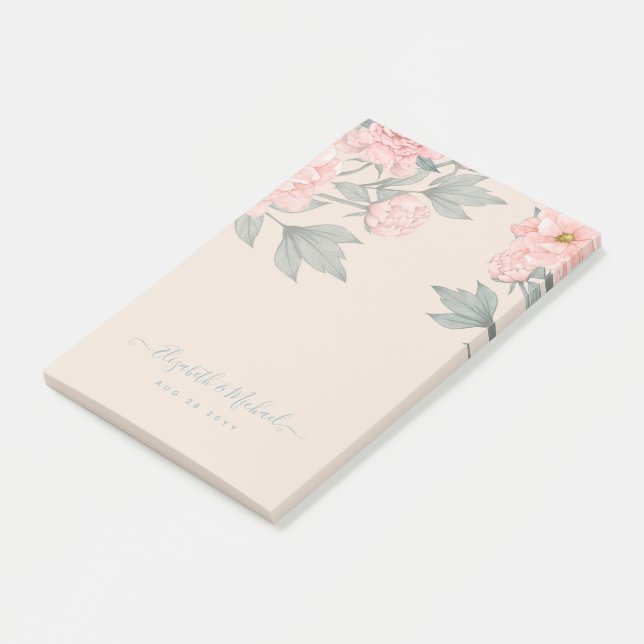 Peach Peonies Sage Floral Budget Wedding Post-it Notes (Angled)