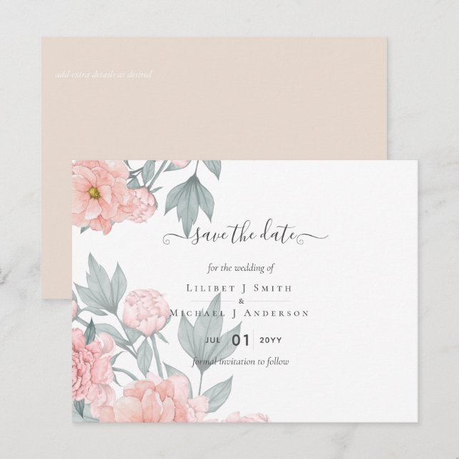 Peach Peonies Sage Floral Wedding Save Dates Postcard (Front/Back)