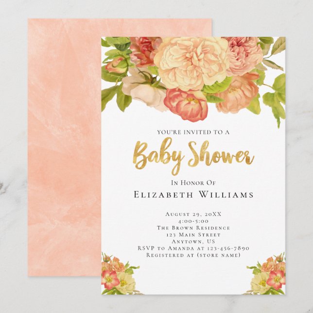 Peach Peonies Watercolor Flowers Girl Baby Shower Invitation (Front/Back)