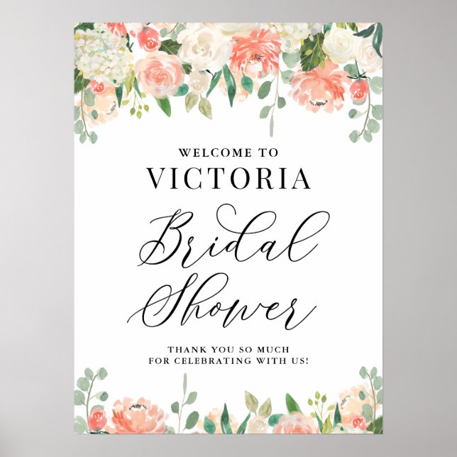 Peach Peony and Hydrangea Bridal Shower Welcome Poster (Front)