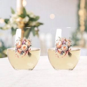 Peach Peony Bouquet  Stemless Wine Glass
