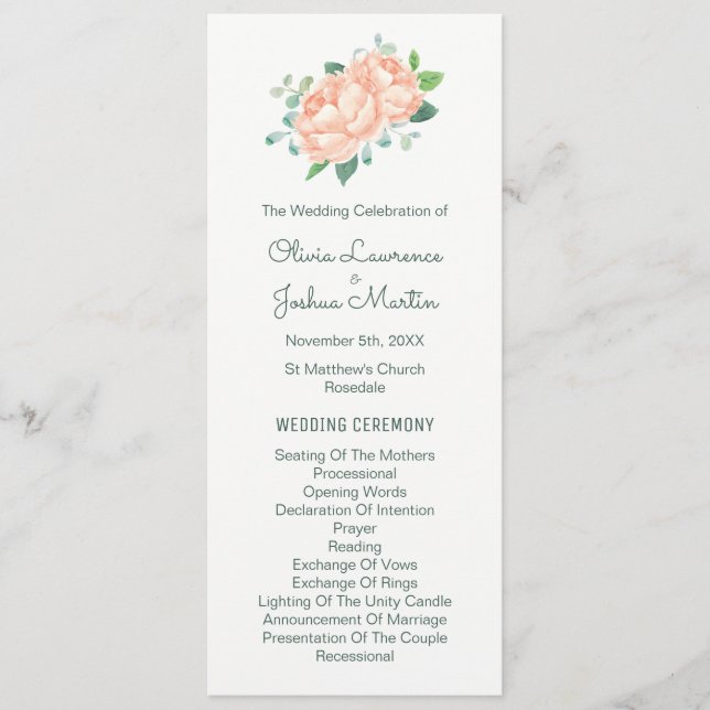 Peach Peony & Eucalyptus Wedding Programs Programme (Front)