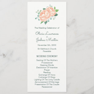 Peach Peony & Eucalyptus Wedding Programs Programme