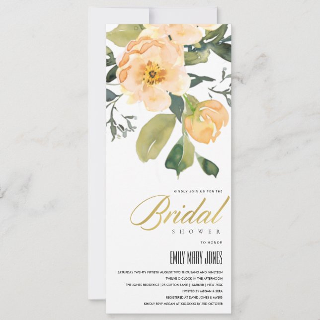 PEACH PEONY FLORAL BUNCH WATERCOLOR BRIDAL SHOWER INVITATION (Front)