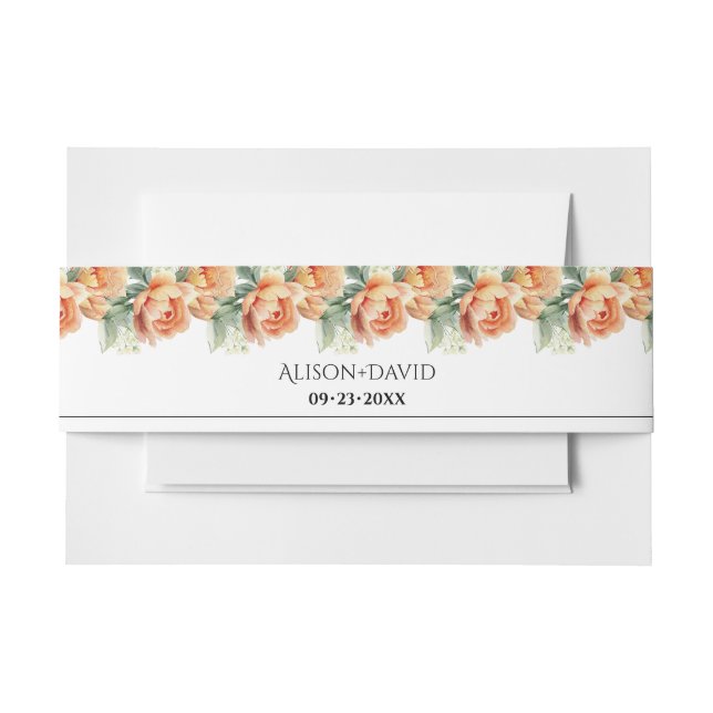 Peach peony flowers and leaves floral wedding invitation belly band (Front Example)