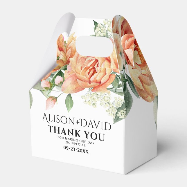 Peach peony flowers and typography wedding favour box (Front Side)