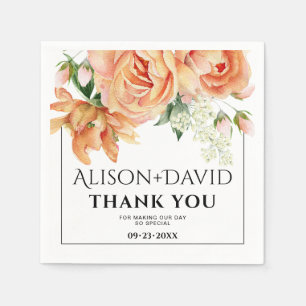 Peach peony flowers and typography wedding napkin