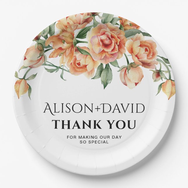 Peach peony flowers and typography wedding paper plate (Front)