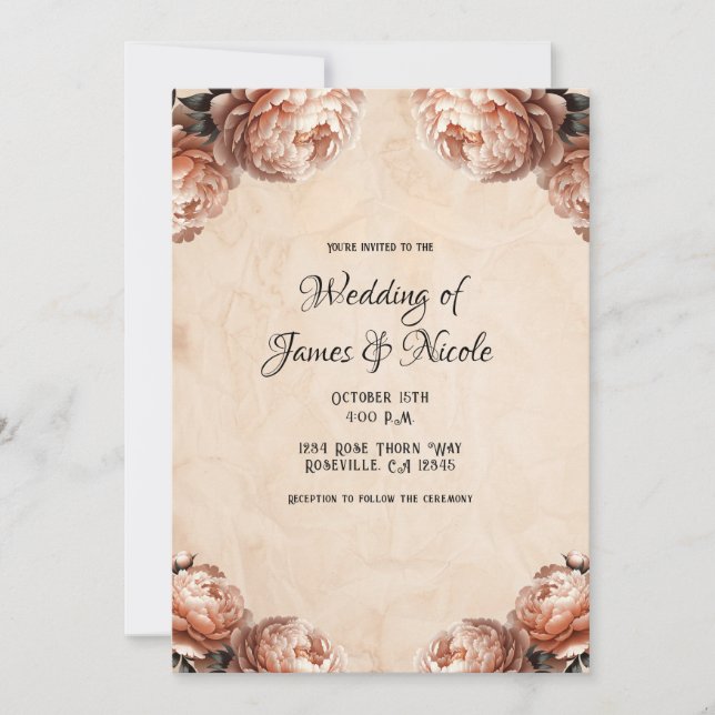 Peach Peony Flowers Vinage Rustic Wedding  Invitation (Front)