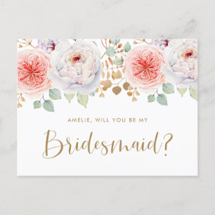 Peach Peony Gold Leaves Will You Be My Bridesmaid Invitation Postcard