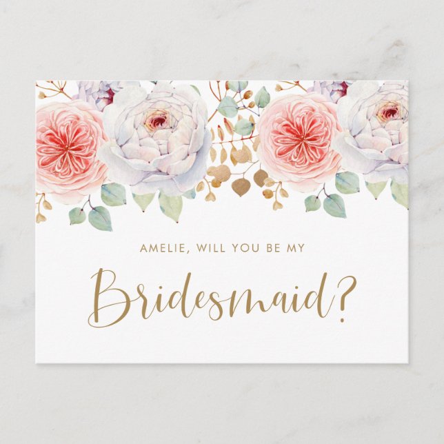 Peach Peony Gold Leaves Will You Be My Bridesmaid Invitation Postcard (Front)