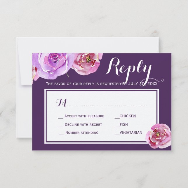 Peach peony plum wedding response meal choice RSVP (Front)