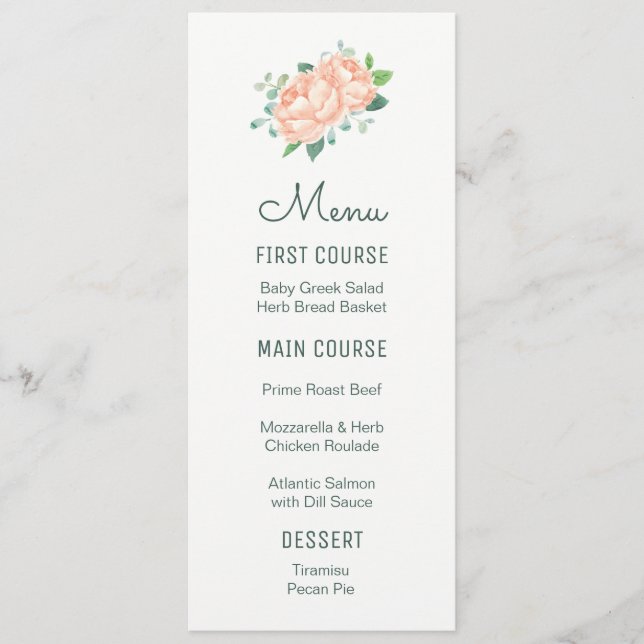 Peach Peony Watercolor Flower Menus (Front)
