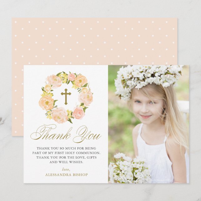 Peach Peony Wreath First Holy Communion Photo Thank You Card (Front/Back)