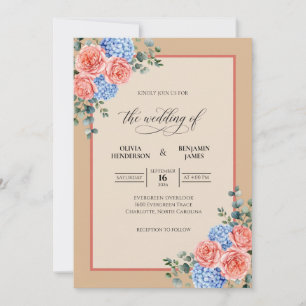 Peach Periwinkle Hydrangea Eucalyptus Wedding Invitation