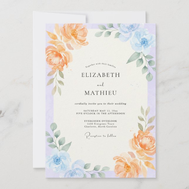 Peach Periwinkle Peony Wedding Invitation (Front)