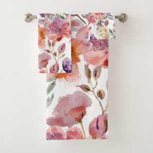 Peach Petals Watercolor Flowers Botanical Blooms Bath Towel Set