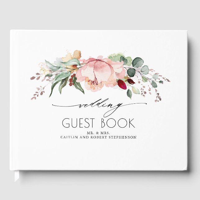 Peach Pink and Burgundy Blooms Wedding Guest Book (Front)