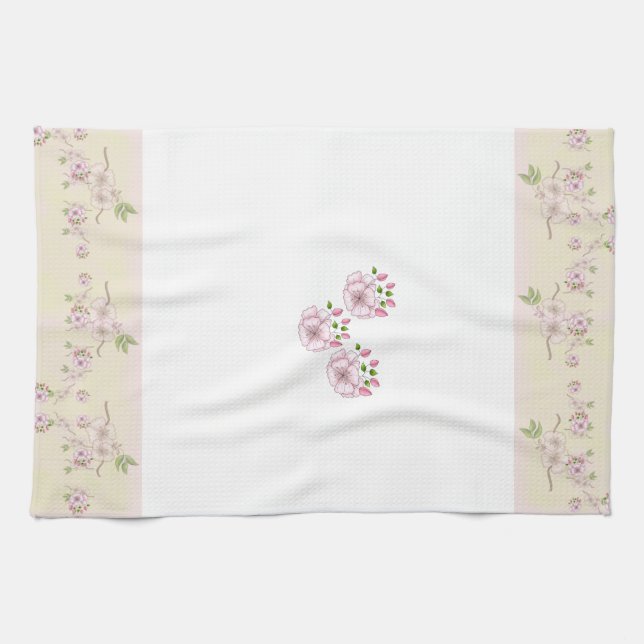 Peach Pink and Green Floral Victorian Art Tea Towel (Horizontal)