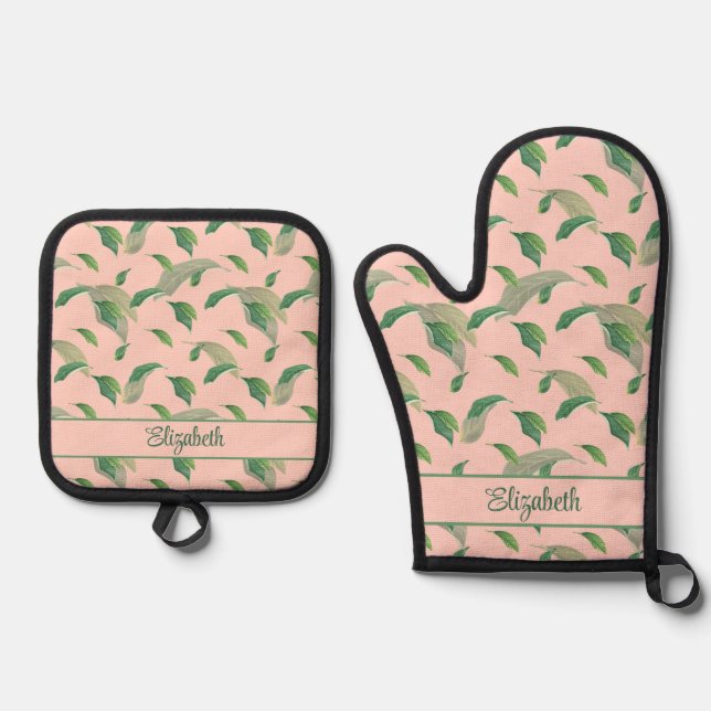 Peach Pink and Green Leaves Custom Name Oven Mitt & Pot Holder Set (Front)