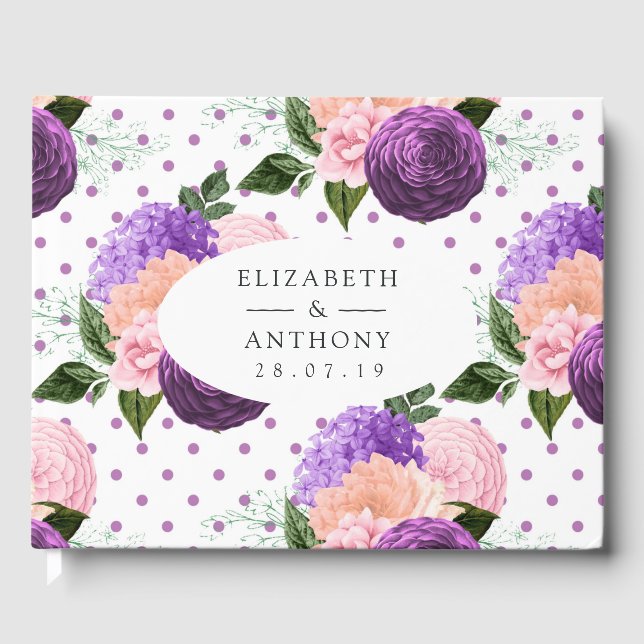 Peach Pink and Lavender Purple Floral Wedding Guest Book (Front)