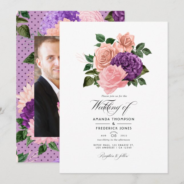 Peach Pink and Lavender Purple Floral Wedding Invitation (Front/Back)