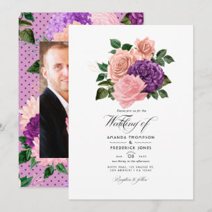 Peach Pink and Lavender Purple Floral Wedding Invitation