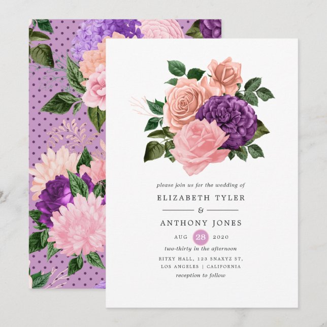 Peach Pink and Lavender Purple Floral Wedding Invitation (Front/Back)