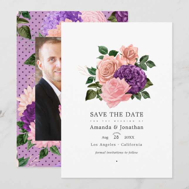 Peach Pink and Lavender Purple Floral Wedding Save The Date (Front/Back)