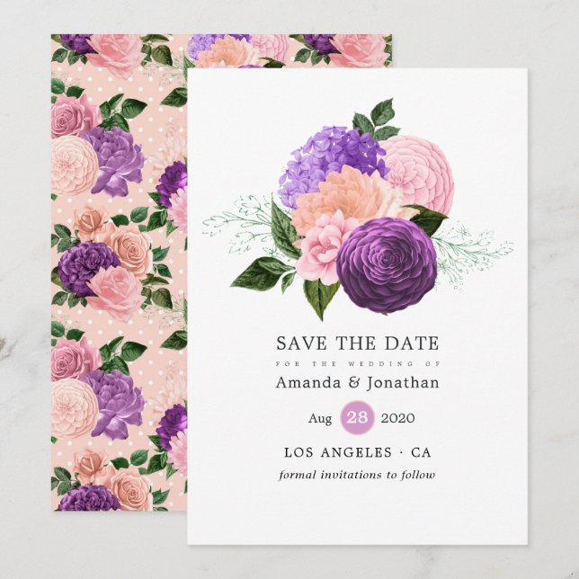 Peach Pink and Lavender Purple Floral Wedding Save The Date (Front/Back)