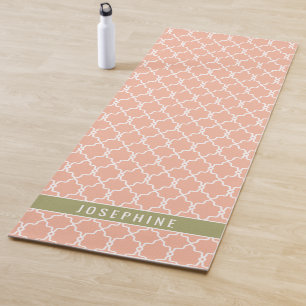 Peach Pink And Olive Green Trellis Pattern Yoga Mat
