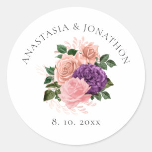 Peach Pink and Purple Floral Wedding Classic Round Sticker