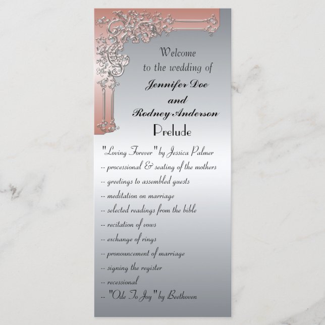 Peach Pink and Silver Wedding Program Rack Card (Front)