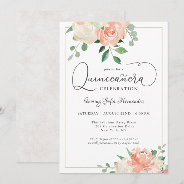 Peach Pink and White Elegant Quinceanera Party Invitation (Front/Back)