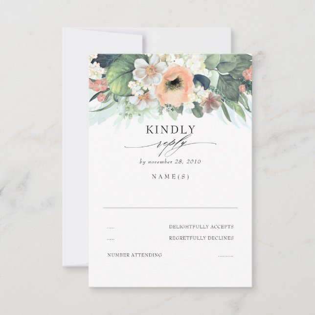 Peach Pink and White Floral Wedding RSVP Card (Front)