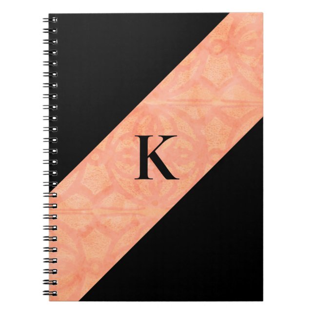 Peach Pink Batik and Black Monogrammed Notebook (Front)